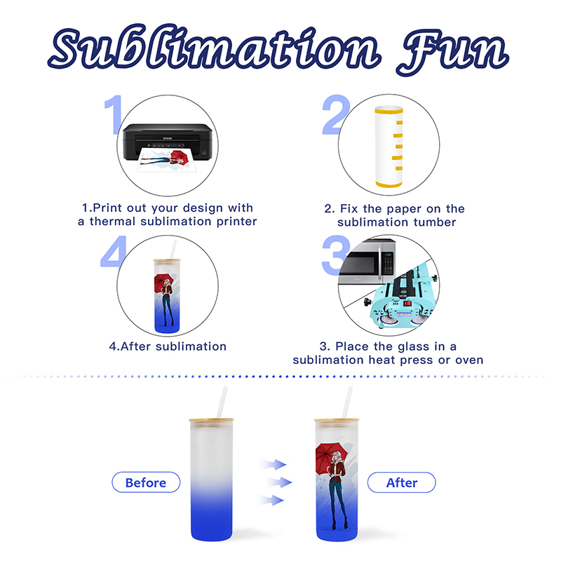 6pcs/ctn Small Pack China Warehouse 25oz Frosted Gradient Color Sublimation Blank Skinny Glass Bottle Tumbler with Wooden Lids