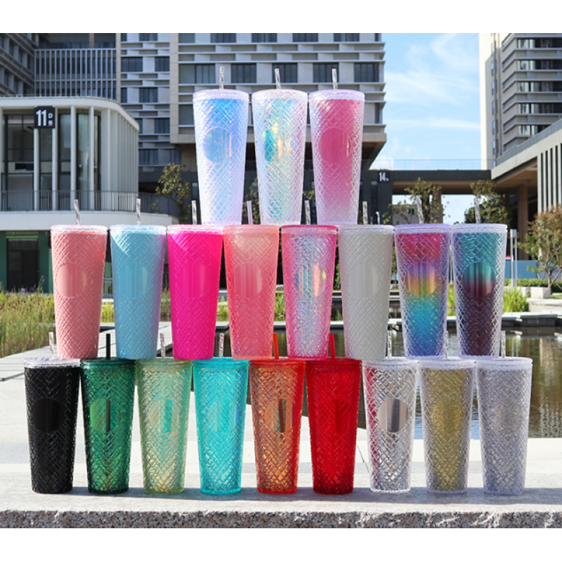 2024 New Cold Coffee Cup 59 Colors 24oz 710ml Summer Fashion Colorful Portable Corn Grid Cup Big Plastic Cup with Lid and Straw