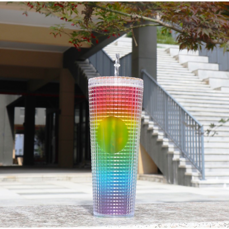 2024 New Cold Coffee Cup 59 Colors 24oz 710ml Summer Fashion Colorful Portable Corn Grid Cup Big Plastic Cup with Lid and Straw