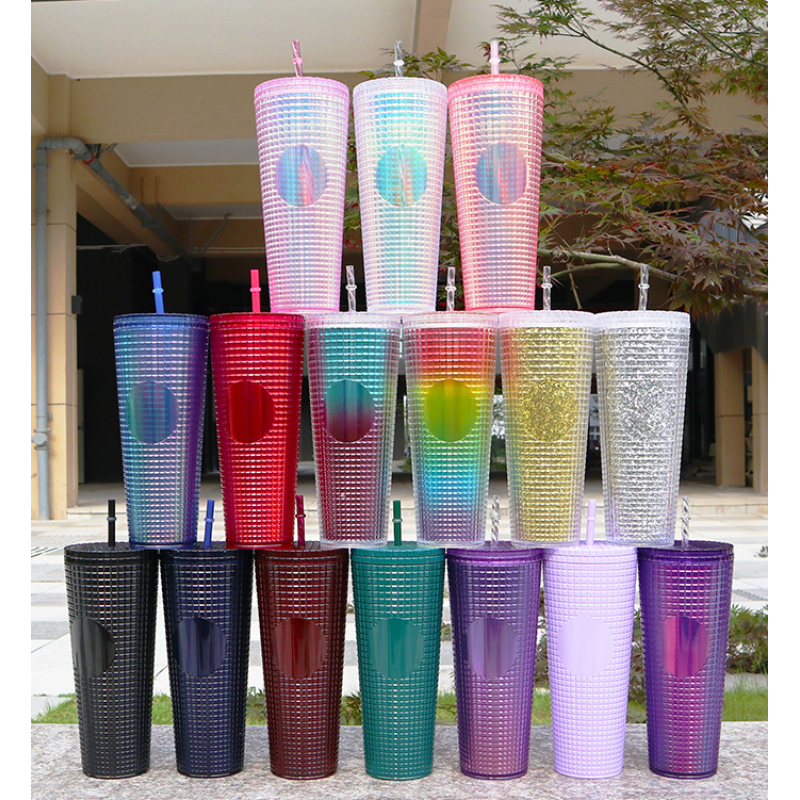 2024 New Cold Coffee Cup 59 Colors 24oz 710ml Summer Fashion Colorful Portable Corn Grid Cup Big Plastic Cup with Lid and Straw