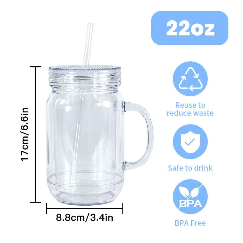 RTS China Warehouse Pre-Drilled 20oz Snow Globe Tumbler DOUBLE WALL Acrylic Mason Jar DIY Mugs for DTF Glitter Fillable Tumblers