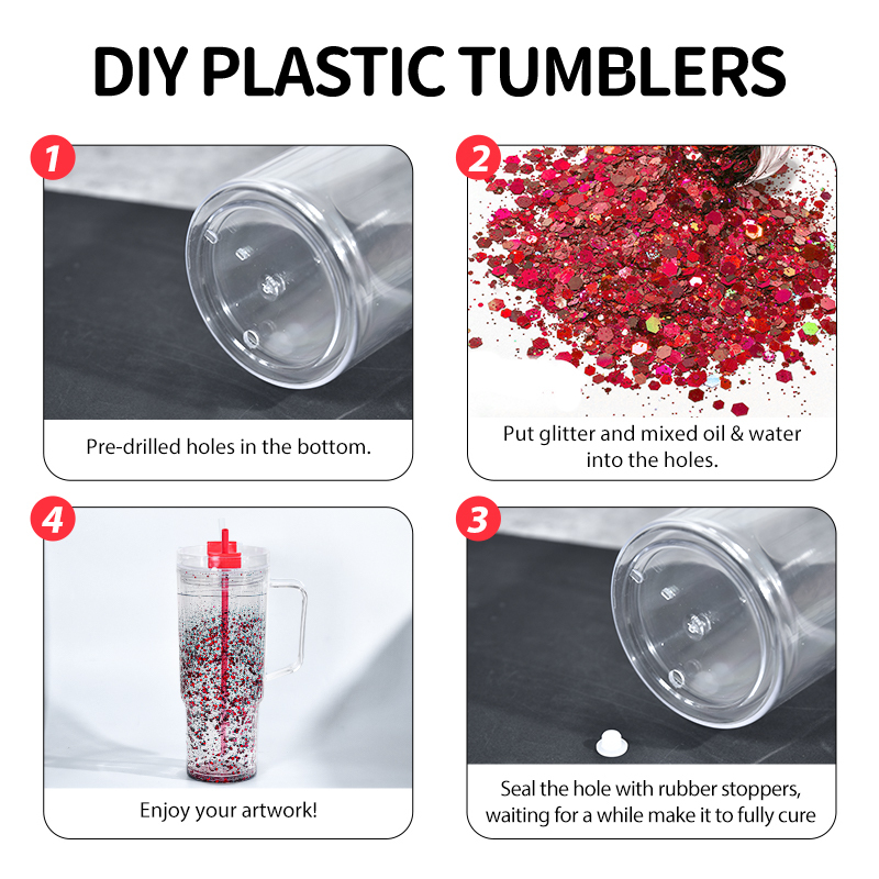 40oz Glitter Snow Globe Acrylic Tumbler Double Wall Plastic Acrylic Glitter Tumbler with Handle with Colored Lids and Straw