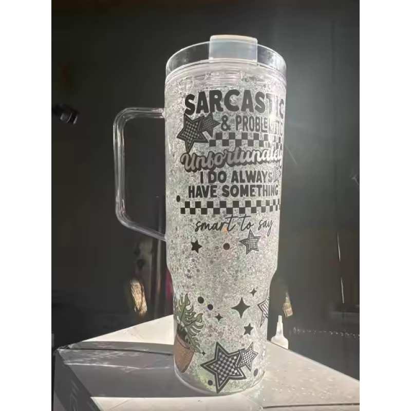 40oz Glitter Snow Globe Acrylic Tumbler Double Wall Plastic Acrylic Glitter Tumbler with Handle with Colored Lids and Straw