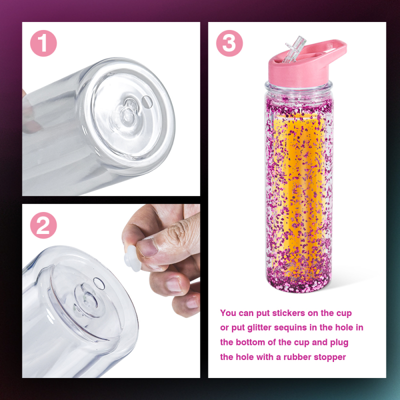 17oz Pre-drilled Double Wall Snow Globe Snow Globe Tumbler Acrylic BPA Free Kids Acrylic Water Bottles with Plug Flip Straw