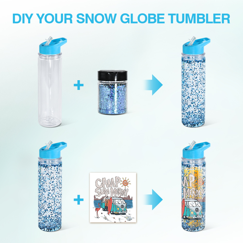 17oz Pre-drilled Double Wall Snow Globe Snow Globe Tumbler Acrylic BPA Free Kids Acrylic Water Bottles with Plug Flip Straw