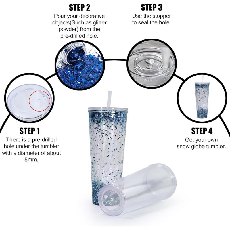 Free Shipping USA Warehouse 24oz Double Wall Fillable Acrylic Cup BPA Free Clear Pre-drilled for Glitter Snow Globe Tumbler