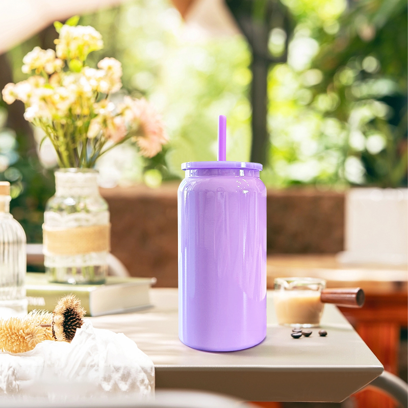 16oz Glossy Stainless Steel SS304 Cup Sublimation Color Mug Mason Can Double Walled Vacuum Tumbler with Color Plastic Straw Lid