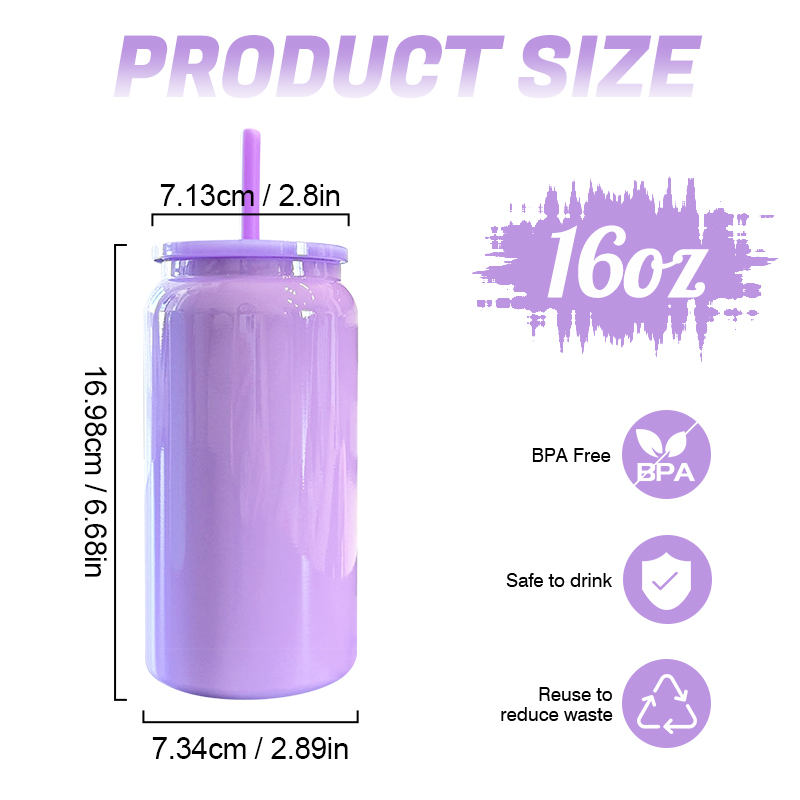 16oz Glossy Stainless Steel SS304 Cup Sublimation Color Mug Mason Can Double Walled Vacuum Tumbler with Color Plastic Straw Lid