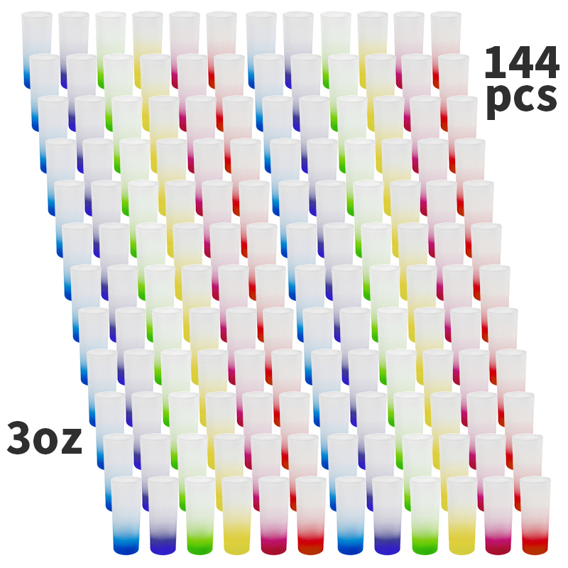 US Stocked 144pcs/ctn Sublimation Mug Suppliers 3oz Ombre Colored Glass Mugs Frosted Shot Glass with Gradient Colorful Bottom