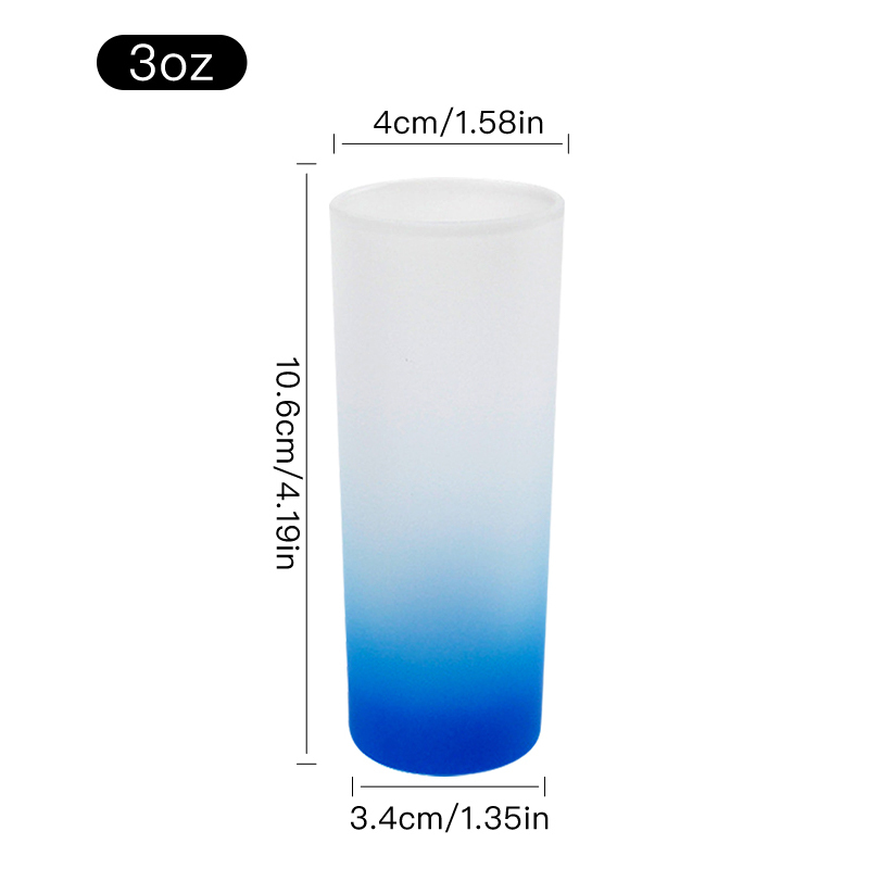US Stocked 144pcs/ctn Sublimation Mug Suppliers 3oz Ombre Colored Glass Mugs Frosted Shot Glass with Gradient Colorful Bottom