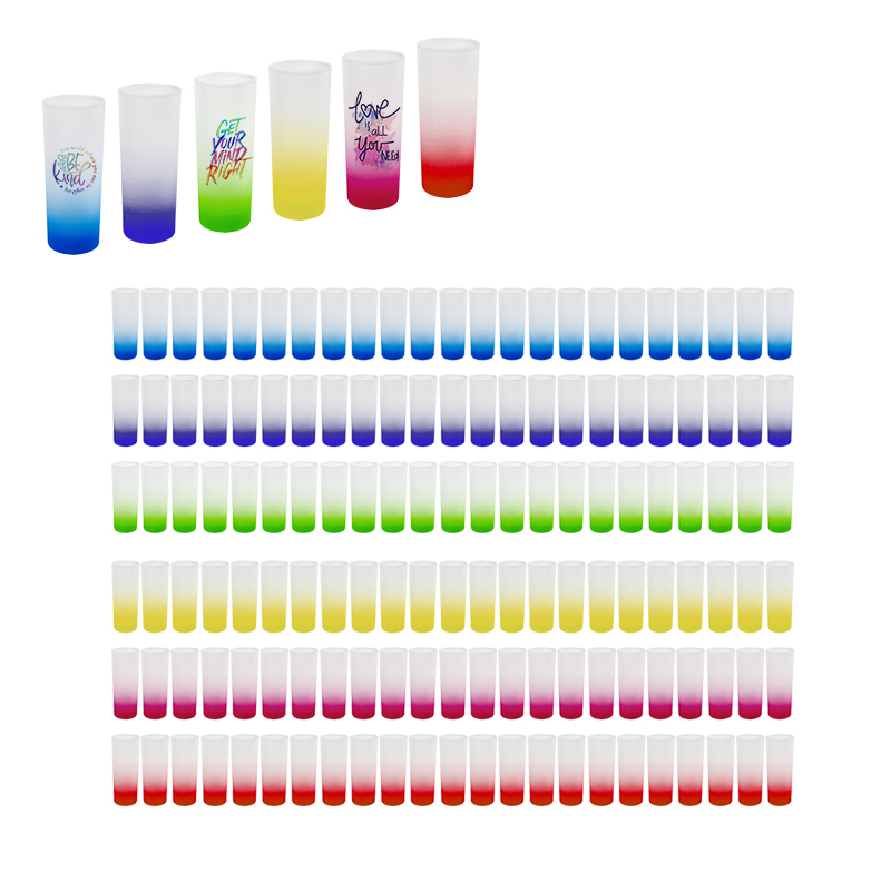 US Stocked 144pcs/ctn Sublimation Mug Suppliers 3oz Ombre Colored Glass Mugs Frosted Shot Glass with Gradient Colorful Bottom