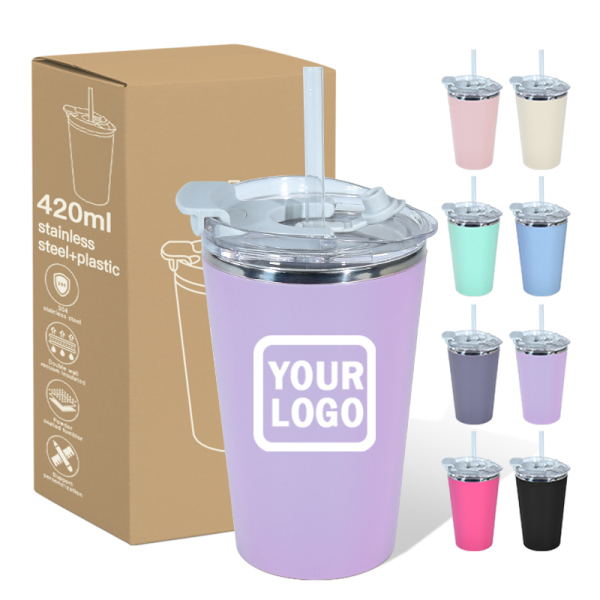 Custom Logo 15oz/420ml Tumbler Inner Stainless Steel Outer Plastic Coffee Cup with Leakproof Lid Water Bottle for Beer Mug Flask