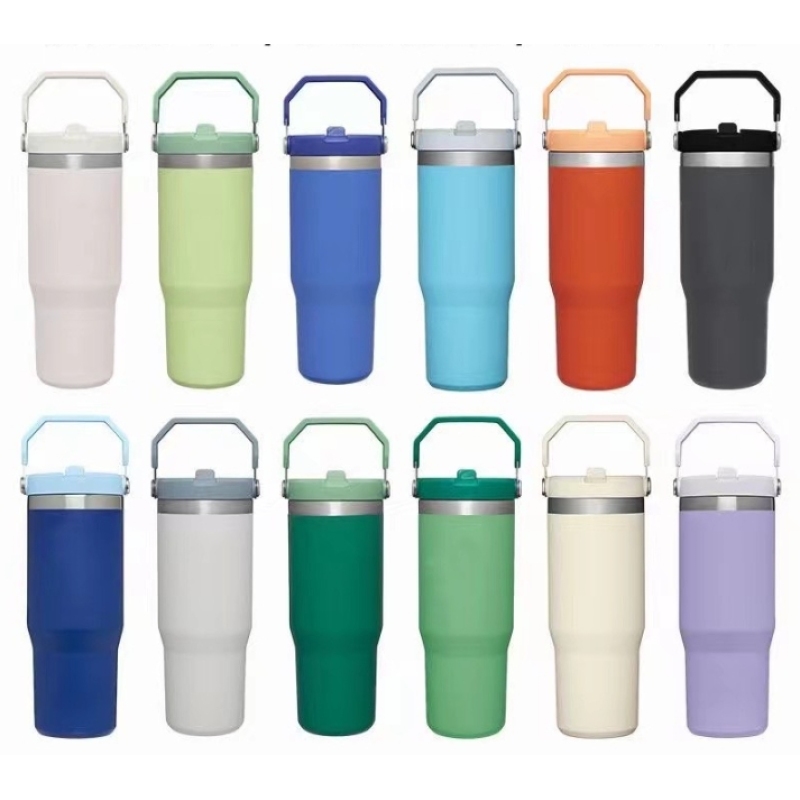 Custom 30oz Double Wall Stainless Steel Tumbler Vacuum Water Bottle Coffee Cup Powder Coated Travel Mug with Flip Straw Handle