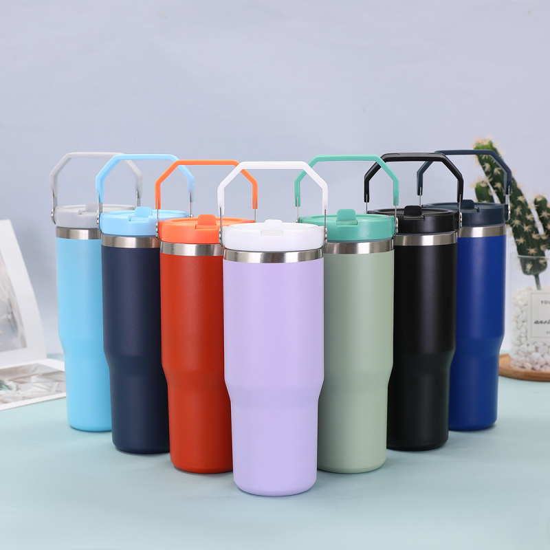 Custom 30oz Double Wall Stainless Steel Tumbler Vacuum Water Bottle Coffee Cup Powder Coated Travel Mug with Flip Straw Handle