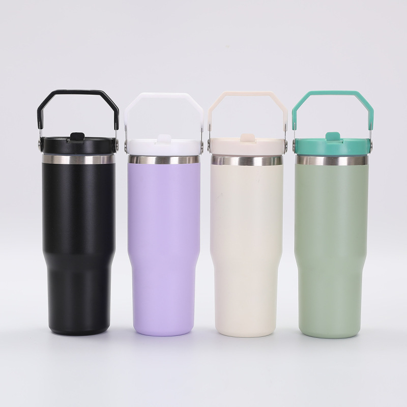 Custom 30oz Double Wall Stainless Steel Tumbler Vacuum Water Bottle Coffee Cup Powder Coated Travel Mug with Flip Straw Handle