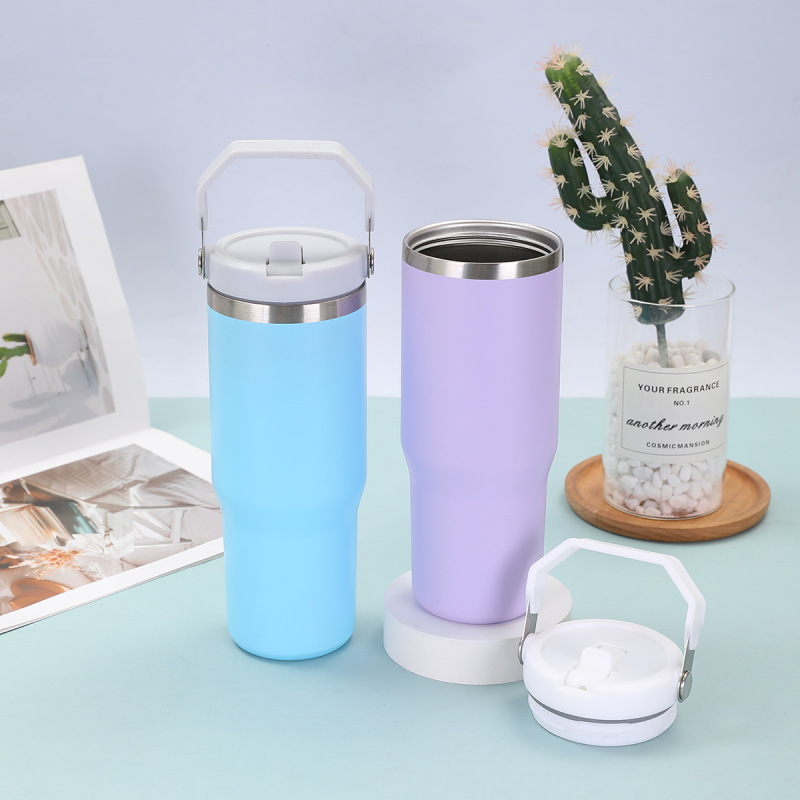 Custom 30oz Double Wall Stainless Steel Tumbler Vacuum Water Bottle Coffee Cup Powder Coated Travel Mug with Flip Straw Handle