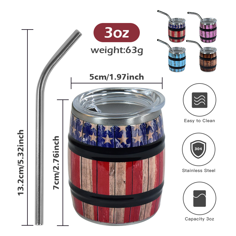 RTS US 40pcs/ctn 3oz Mini Stainless Steel Beer Wine Barrel Cup Colored Drinkware Tumbler Bar Mug Shot Glass with Metal Straw Lid