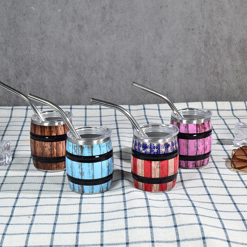 RTS US 40pcs/ctn 3oz Mini Stainless Steel Beer Wine Barrel Cup Colored Drinkware Tumbler Bar Mug Shot Glass with Metal Straw Lid