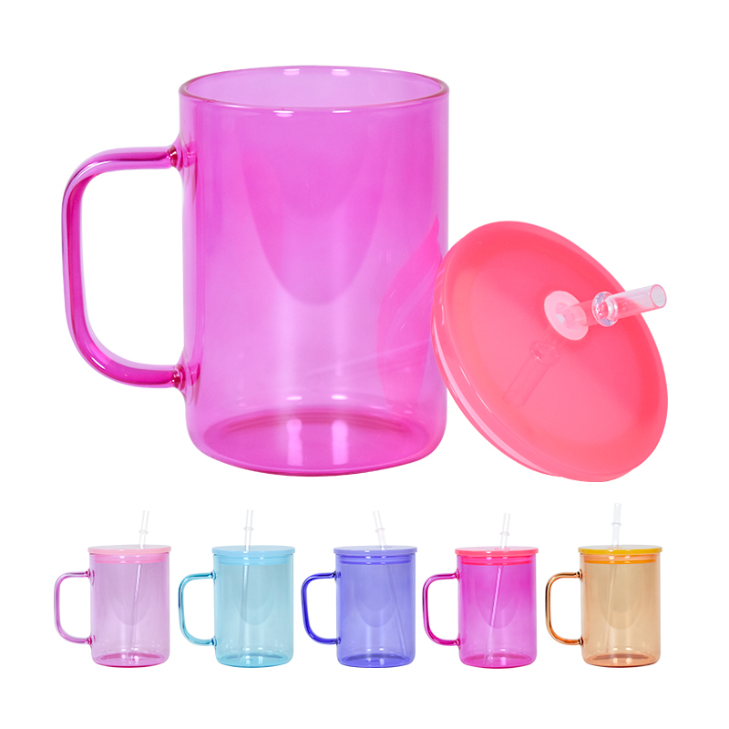 US WAREHOUSE New Jelly Cup With Lids 17oz Candy Colors Sublimation Glass Can Hot Sale Beer Cups With Handle and Plastic Straw