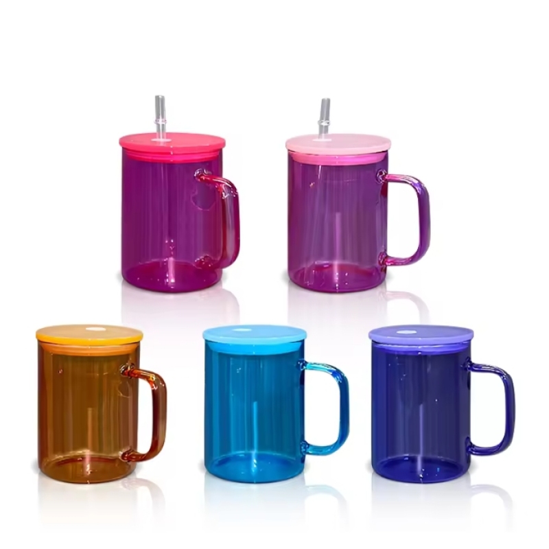 US WAREHOUSE New Jelly Cup With Lids 17oz Candy Colors Sublimation Glass Can Hot Sale Beer Cups With Handle and Plastic Straw