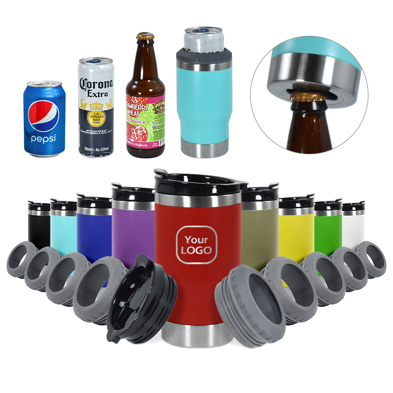Custom logo 14oz 4-in-1 Powder Coated Beer Can Cooler with 2 Lids Double Wall Stainless Steel Can Cooler Tumbler Insulated