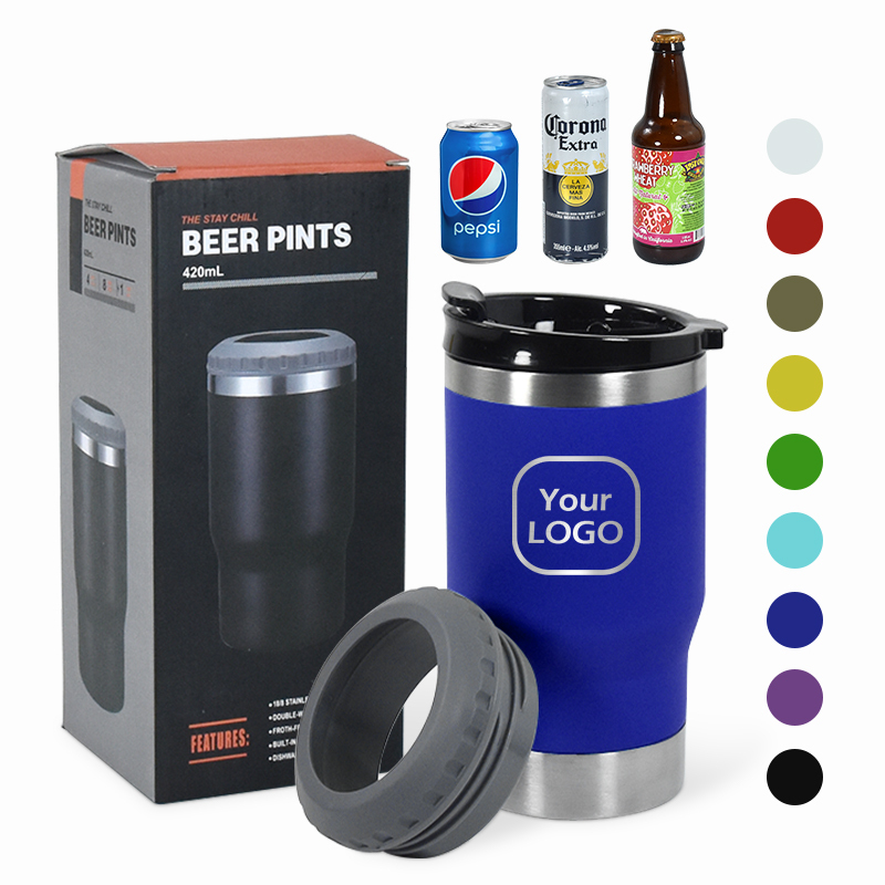 Custom logo 14oz 4-in-1 Powder Coated Beer Can Cooler with 2 Lids Double Wall Stainless Steel Can Cooler Tumbler Insulated