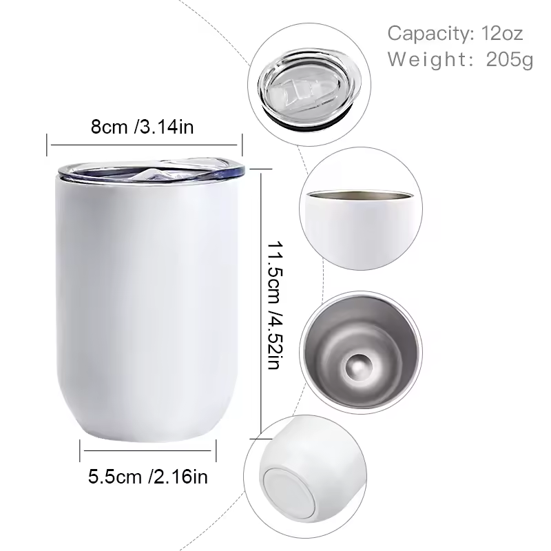 US Warehouse 12oz Sublimation White Straight Wine Tumbler Egg Stainless Steel Double Walled Shaped Cup Wine Tumbler With Lid