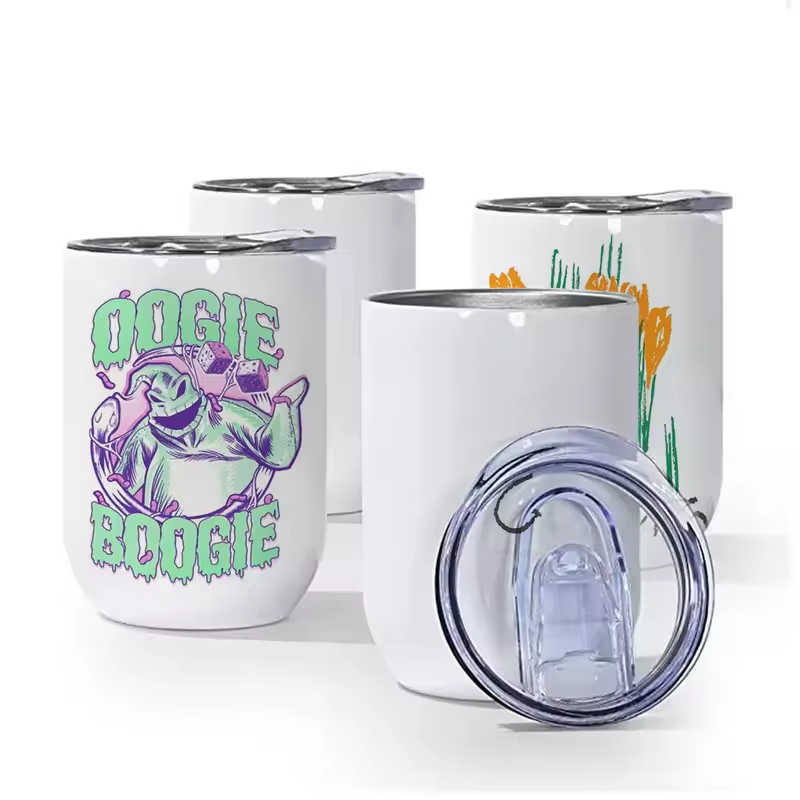 US Warehouse 12oz Sublimation White Straight Wine Tumbler Egg Stainless Steel Double Walled Shaped Cup Wine Tumbler With Lid