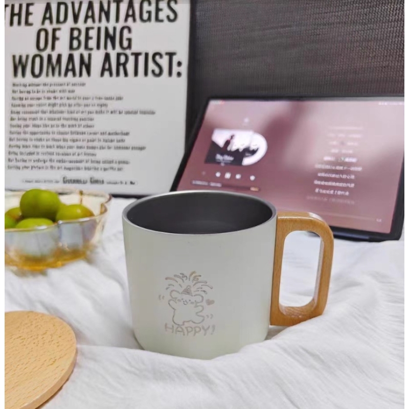 400ml Custom logo Printing 304 Stainless Steel Vacuum Office Coffee Mug Gift Cup with Wooden Handle Tumbler Insulated
