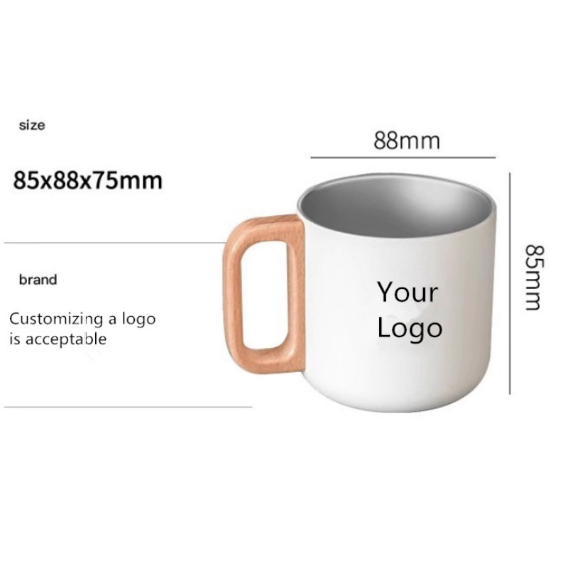 400ml Custom logo Printing 304 Stainless Steel Vacuum Office Coffee Mug Gift Cup with Wooden Handle Tumbler Insulated