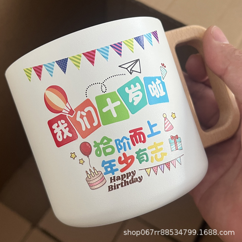 400ml Custom logo Printing 304 Stainless Steel Vacuum Office Coffee Mug Gift Cup with Wooden Handle Tumbler Insulated