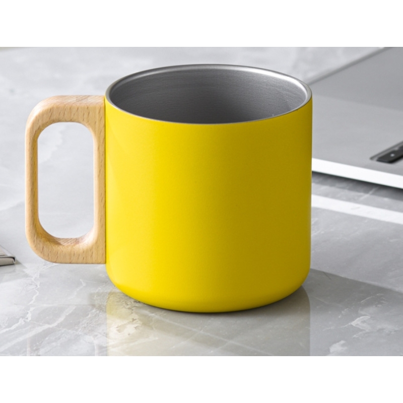 400ml Custom logo Printing 304 Stainless Steel Vacuum Office Coffee Mug Gift Cup with Wooden Handle Tumbler Insulated
