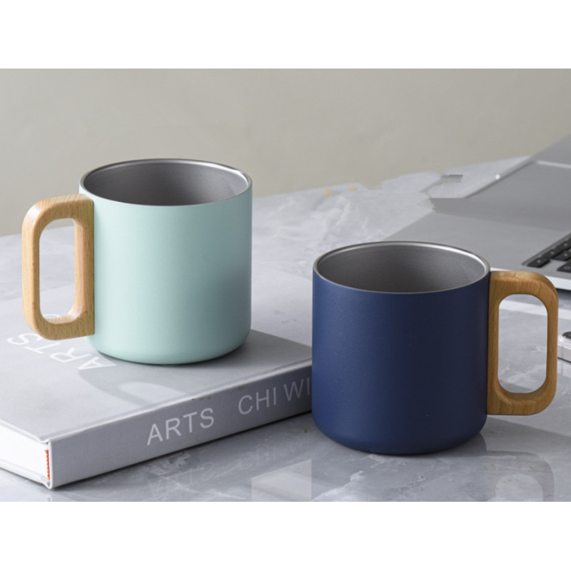 400ml Custom logo Printing 304 Stainless Steel Vacuum Office Coffee Mug Gift Cup with Wooden Handle Tumbler Insulated