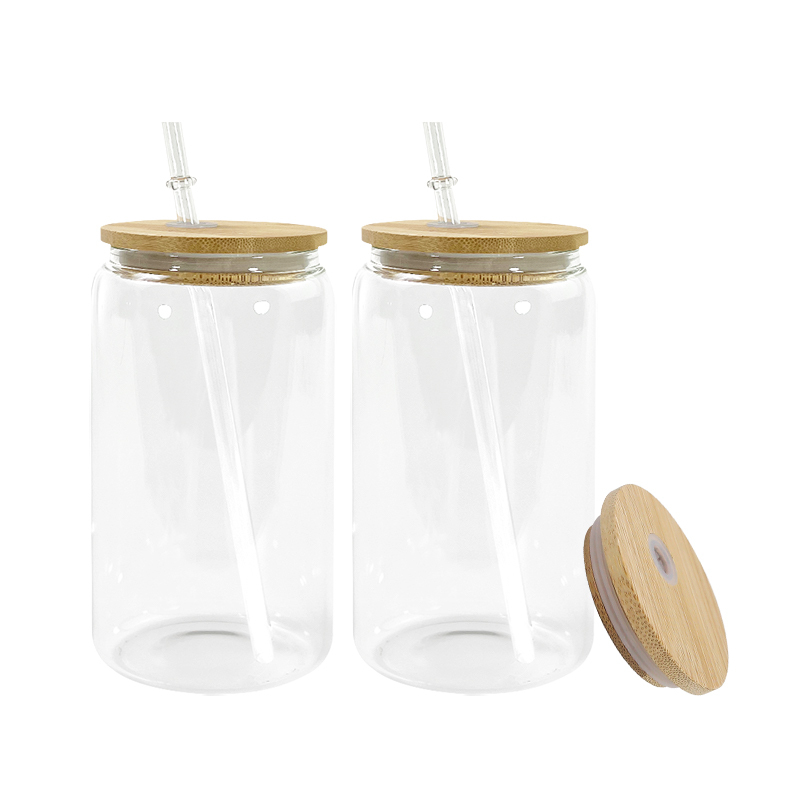 US Warehouse RTS 16oz Clear Single Wall Glass Tumbler Sublimation Blanks Mugs with Bamboo Lid Plastic Straw 50pcs/ctn Drinkware