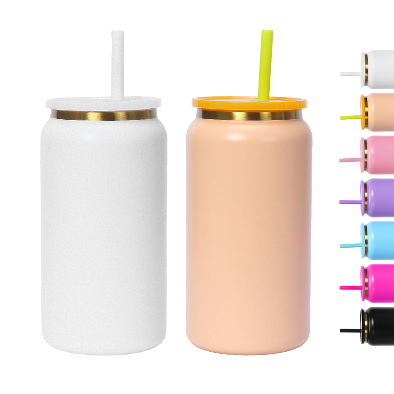 China RTS 16oz Stainless Steel Tumbler Gold Plated Powder Coating Double Wall Mugs Tumblers Cup Soda Can Jar for Laser Engraving