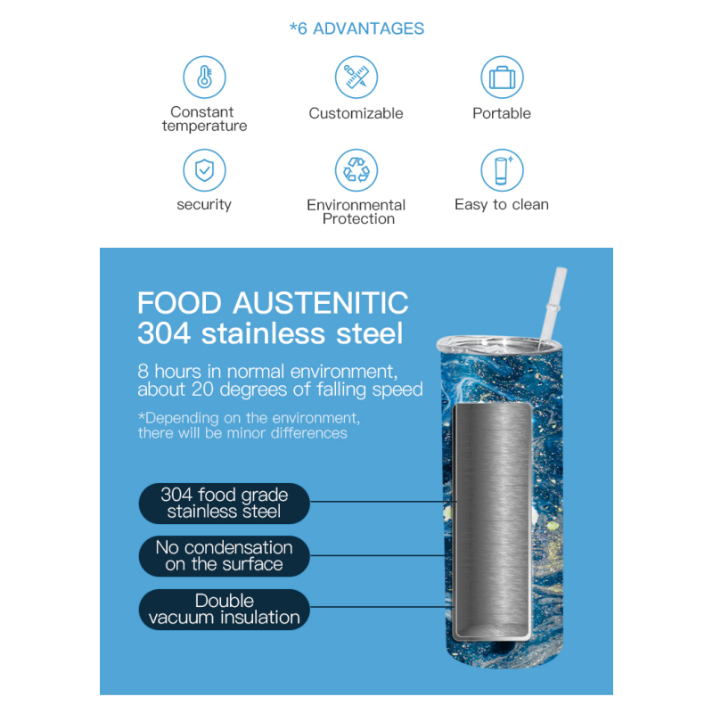 USA Stocked Sublimation Blanks Stainless Steel Vacuum Water Botter Flat Edge 20oz Skinny Sublimation Tumbler With Lid 25PCS/CTN