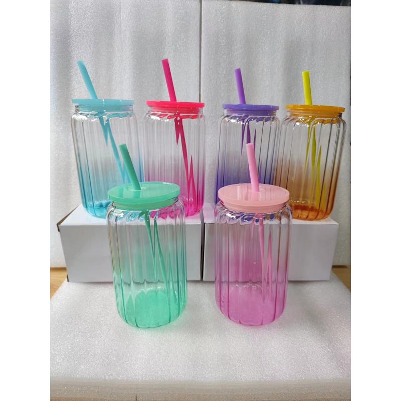 Jelly Ombre Mug Vertical Stripe16oz Sublimation Gradient Color Straw Streak Inner Single Wall Glass Can with PP Lid