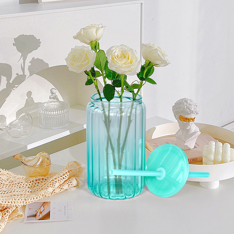 Jelly Ombre Mug Vertical Stripe16oz Sublimation Gradient Color Straw Streak Inner Single Wall Glass Can with PP Lid