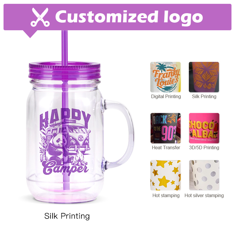Pre-drilled Plastic Mason Jars with Handles, Lids and Straws 20 oz Double Insulated Tumbler with Straw Wide Mouth Mason Jar Mugs