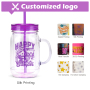 Pre-drilled Plastic Mason Jars with Handles, Lids and Straws 20 oz Double Insulated Tumbler with Straw Wide Mouth Mason Jar Mugs