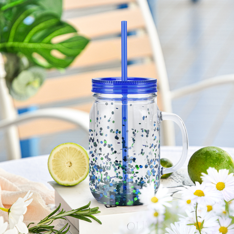 Pre-drilled Plastic Mason Jars with Handles, Lids and Straws 20 oz Double Insulated Tumbler with Straw Wide Mouth Mason Jar Mugs