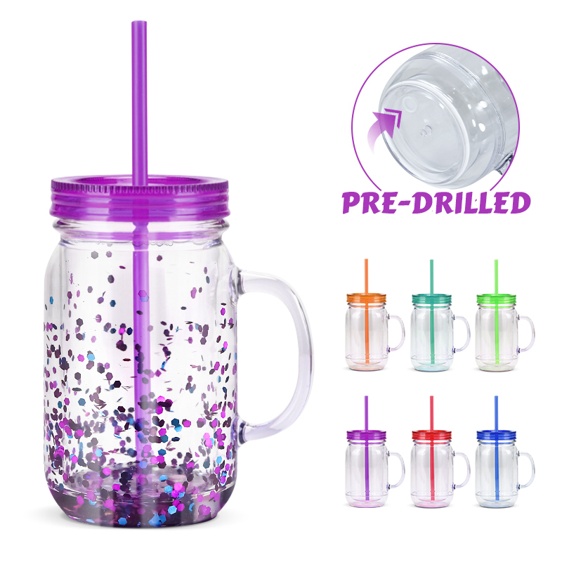 Pre-drilled Plastic Mason Jars with Handles, Lids and Straws 20 oz Double Insulated Tumbler with Straw Wide Mouth Mason Jar Mugs