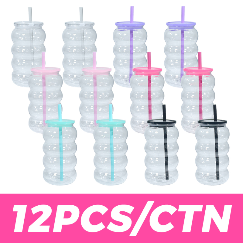 USA RTS Plastic 16oz Single Wall Colorful Clear Travel Mug Cup Plastic Lid Car Tumbler with Lids and Straw 12pcs/Pack