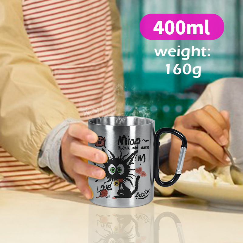 200ml 400ml Outdoor Camping Travel Portable Stainless Steel Coffee Cup Double Walled Carabiner Mug with Handle