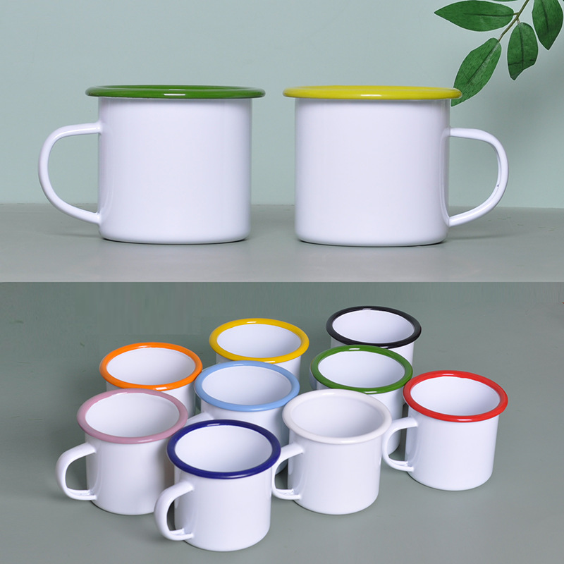 Ready to Ship 12oz Thickened Enamel Mugs Sublimation Blanks Coffee Mug With Different Colored Cup Rim for Heat Press Printing