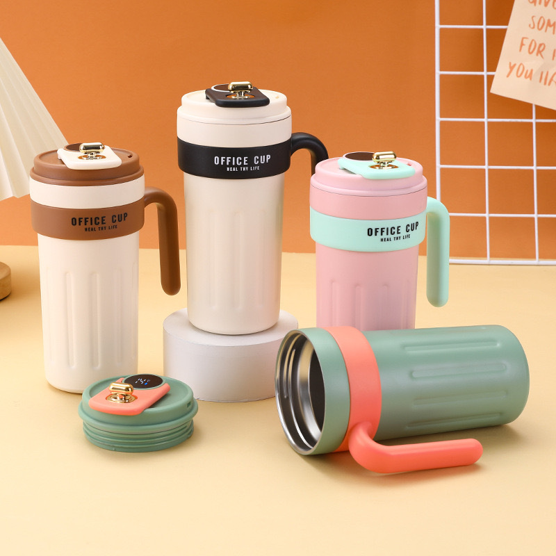 16oz Stainless Steel Coffee Mug With Temperature Display Coffee Outdoor Camping Mug With Leak-Proof Lid and Handle