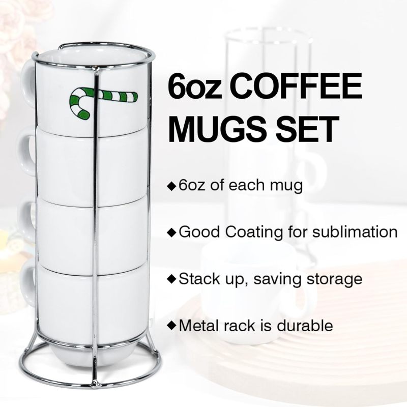 RTS Gift Printing 6oz Sublimation Coffee Mugs Ceramic Blank Cups Set of 4 with Rack for Heat Press DIY Printing