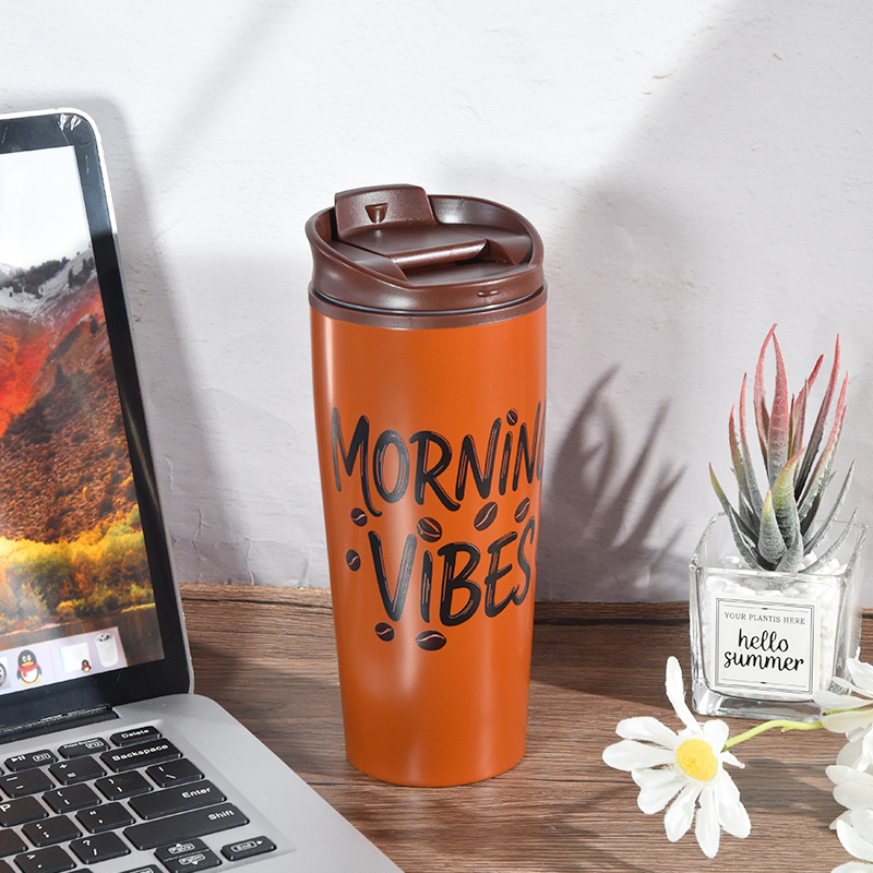 Costom Logo 500ml Double Wall Coffee Mug Plastic Inner Stainless Steel SS201 Outside Double Wall Drinking Bottle with Screw Lid