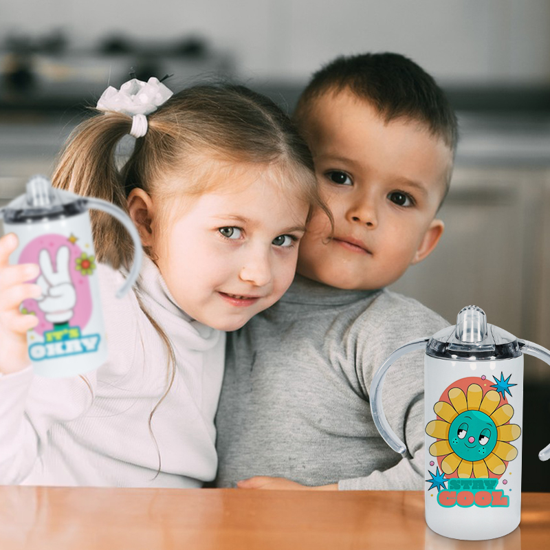 US Warehouse RTS 12oz Sublimation Tumbler Double Wall Stainless Steel Straight Kids Bottle Clear Lid Sippy Cups with Dual Lids