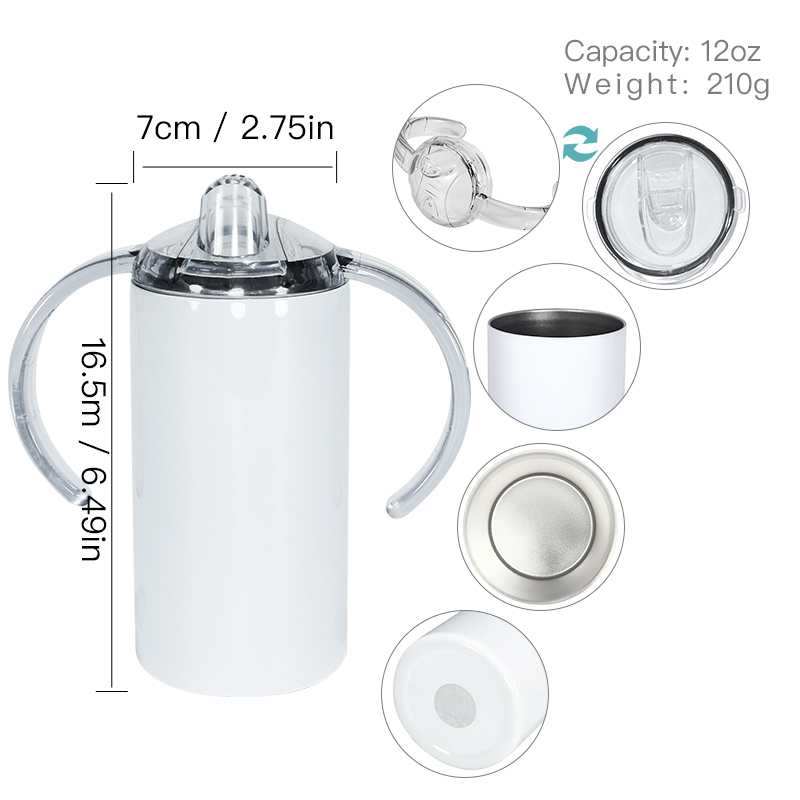 US Warehouse RTS 12oz Sublimation Tumbler Double Wall Stainless Steel Straight Kids Bottle Clear Lid Sippy Cups with Dual Lids